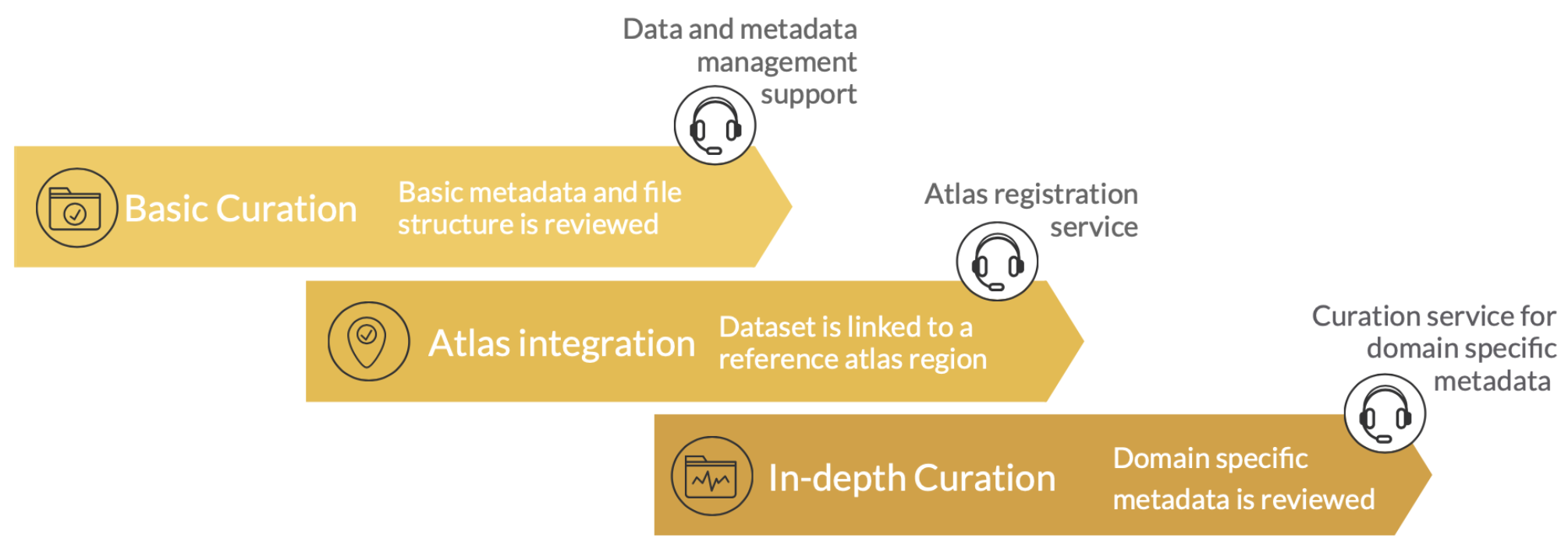 In EBRAINS, curation is divided into three stages: basic curation, atlas integration and in-depth curation