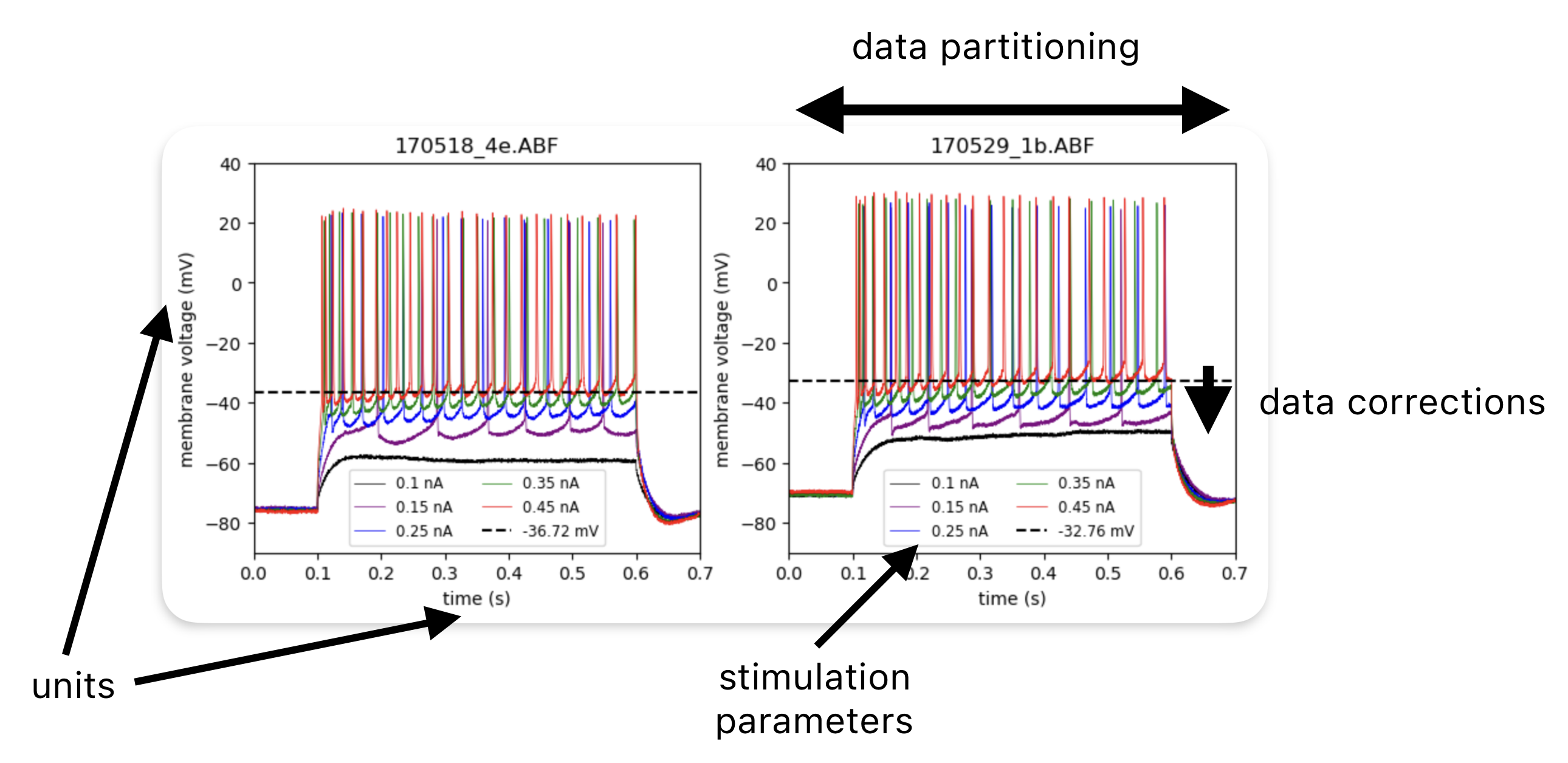 Graph of membrane potential taken from the case study, showing examples of how metadata are used